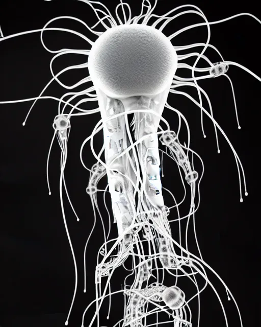 Prompt: black and white cyborg-jellyfish-plant goddess high quality photo, microchip, artificial intelligence, bio-mechanical bio-luminescence, black wired cables, neurons, nerve cells, octane render, cinematic, rim light, hyper realism, photo-realistic, high detail, 8k, masterpiece, high fashion, in the style of Steven Meisel and Dora Maar and H.G. Giger