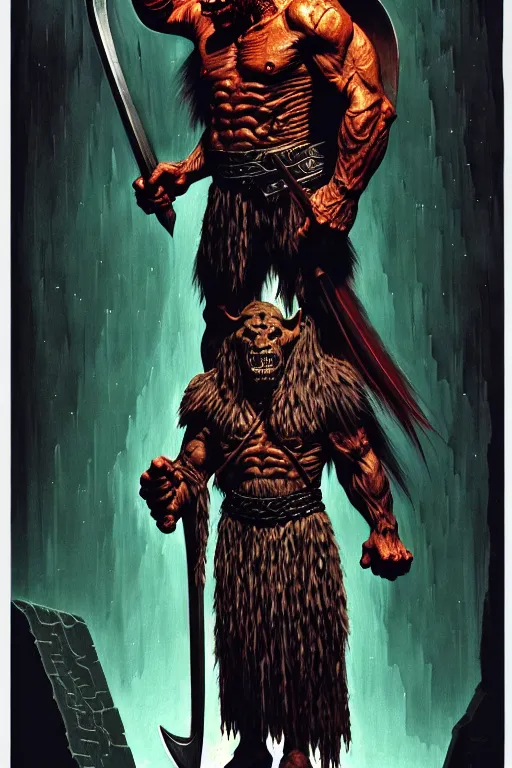 Image similar to cloaked orc holding large axe, high details, intricately detailed, by vincent di fate, inking, 3 color screen print, masterpiece, trending on artstation, sharp, details, hyper - detailed, hd, 4 k, 8 k
