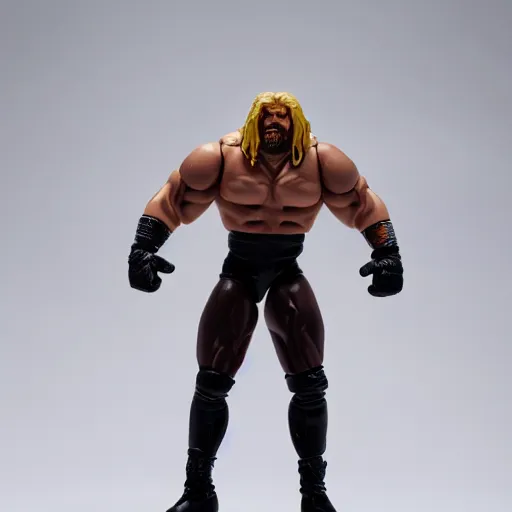 Image similar to Full body shot of a highly detailed flexible Triple H vinyl plastic figurine as a villain, white background, 3d, high quality, depth of field, high contrast, 8k, concept art, smooth, sharp focus, highly detailed, wrestling, WWE