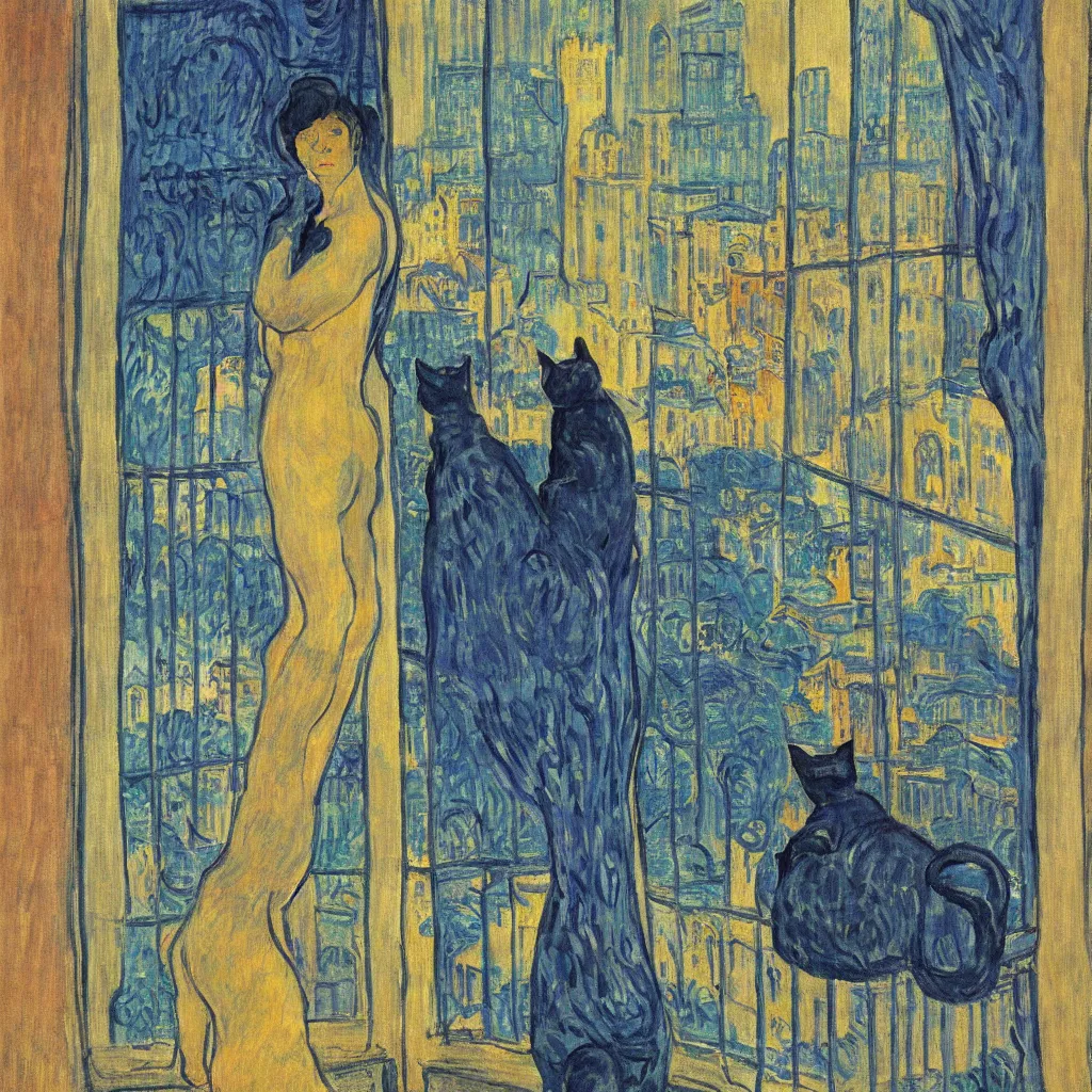 Image similar to woman and cat with city with tall trees and gothic cathedral seen from a window frame with curtains. dark indigo blue, turquoise, gold, earth brown. night with star. bonnard, henri de toulouse - lautrec, utamaro, matisse, monet