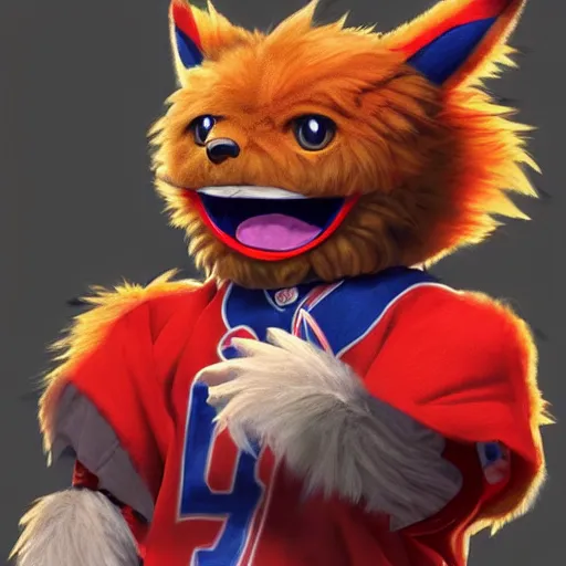 Image similar to anime Portrait of Youppi the Habs Montreal Canadiens Mascot as a very cute powerful and friendly pokemon, highly detailed anime, high evolution, 1990s, legendary, smooth, sharp focus, dynamic lighting, intricate, trending on ArtStation, illustration pokemon, art by WLOP