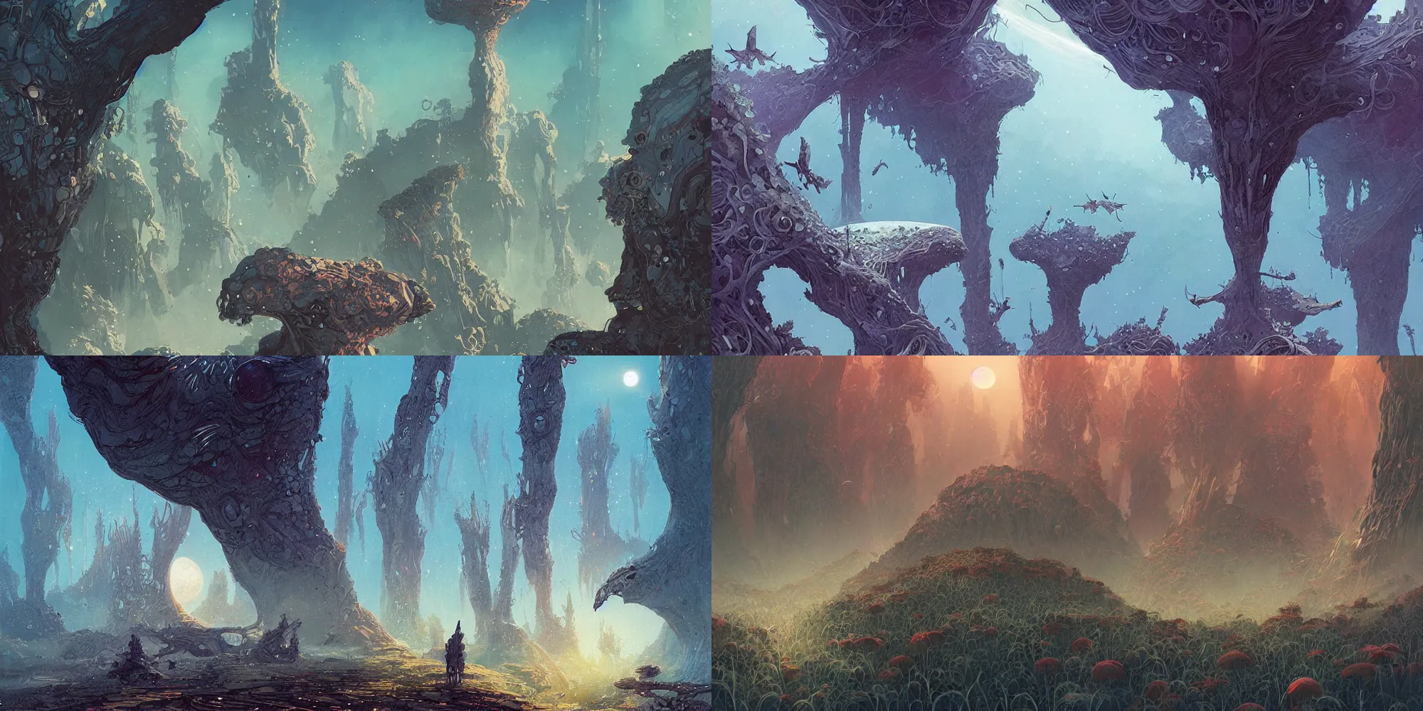 Prompt: a beautiful illustration of a strange alien world by sparth | Daniel Merriam:.1 | Graphic Novel, Visual Novel, Colored Pencil, Comic Book:.2