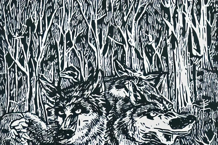 Prompt: werewolves in a winter forest, reaction diffusion linocut