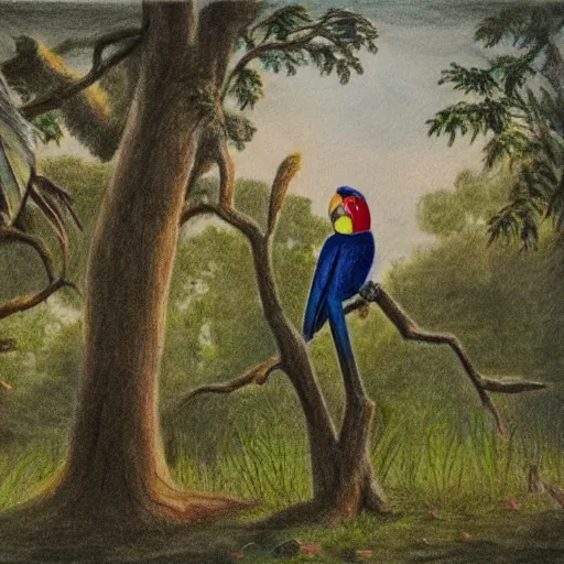 Prompt: a drawing of a parrot sitting on a tree branch in a pine forest, watching over a field of grass where there are cows playing spin the bottle.