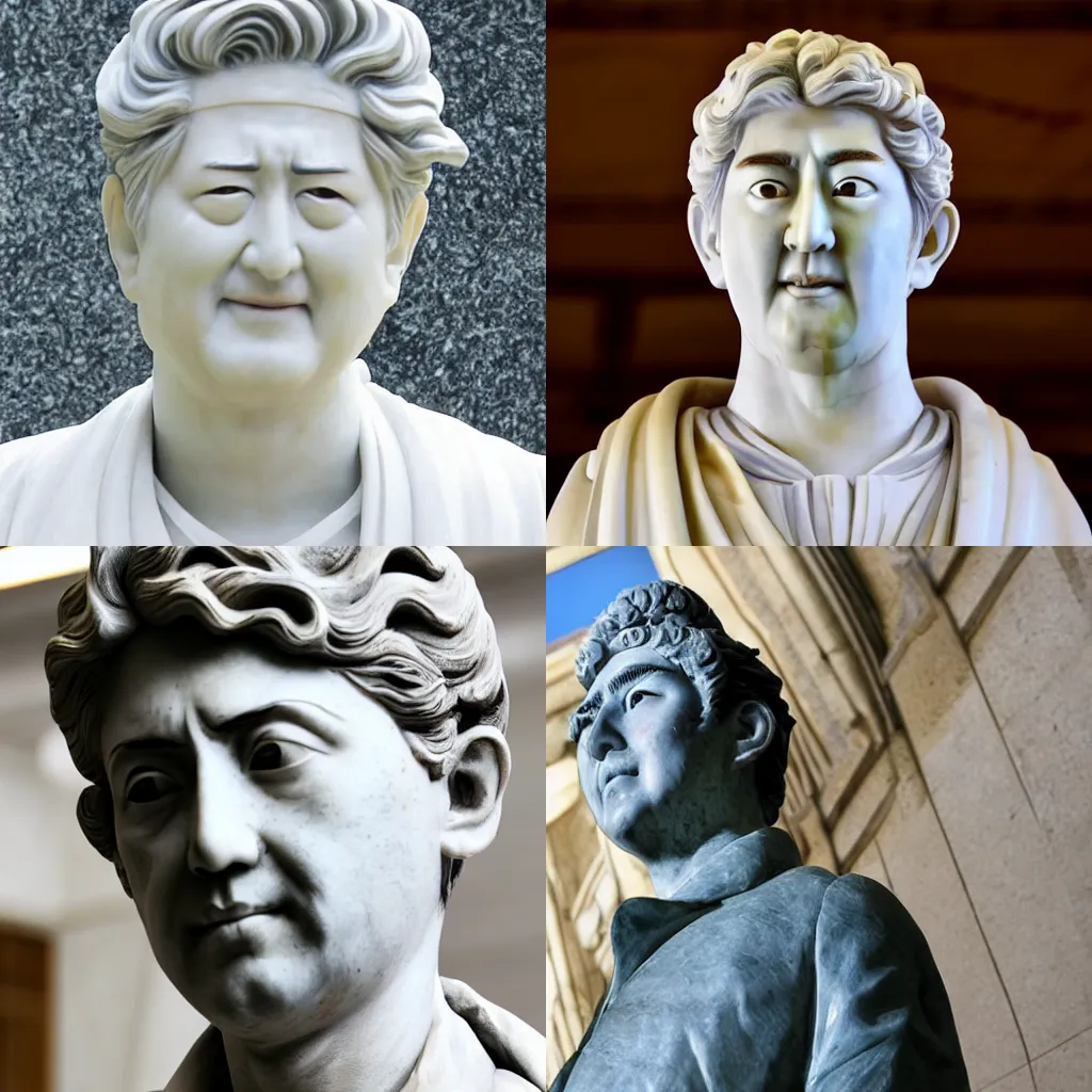 Prompt: A marble statue of Shinzo Abe photograph Roman close angle