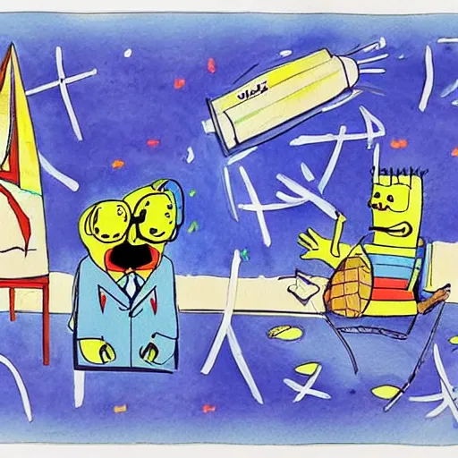 Image similar to A beautiful conceptual art. Reality becomes illusory and observer-oriented when you study general relativity. Or Buddhism. Or get drafted. watercolor & pen, Spongebob Squarepants by Jun Kaneko elaborate