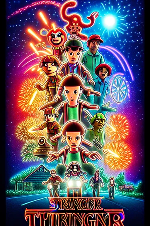 Image similar to animated version of Futurama Stranger Things poster by Matt Groening, cartoon, detailed faces, high resolution, hyper detailed, intricate, illustrated, dramatic lighting !n-9