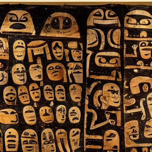 Prompt: papyrus scroll from 6 5 0 bc showing a list of ancient emojis, realistic, clear, detailed, worn w 1 0 2 4 h 4 4 8