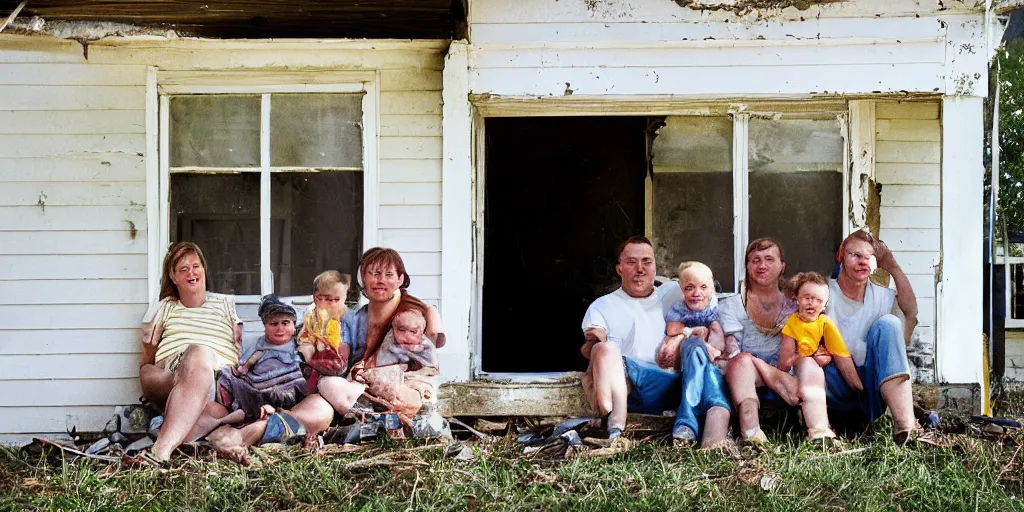 Prompt: photo of white redneck family sitting on front porch of dilapidated house, mid shot portrait, kodak gold 2 0 0,