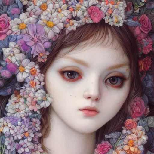 Image similar to white cat girl, botanical, portrait face, colorful, kupka, intricate, miles johnston, kuroda seiki, cynical realism, ozabu, john william godward, painterly, yoshitaka amano, moebius, miles johnston, louise zhang, james jean, mark ryden lowbrow pop surrealism art style