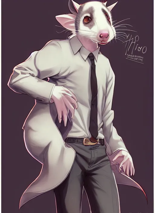 Image similar to character portrait of a male anthro opossum fursona with a tail and a cute beautiful attractive detailed furry face wearing a dress shirt and slacks outside a city tattoo parlor. Character design by charlie bowater, ross tran, artgerm, and makoto shinkai, detailed, inked, western comic book art