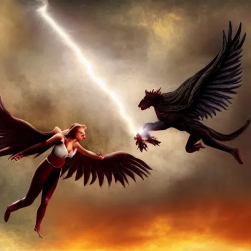 Image similar to Two women: one white winged angel and one red tailed devil. Angel battling devil flying kissing. Scene airborne in the clouds. Background lightning and explosions and black smoke. Detailed, hyper realistic, epic, Backlit