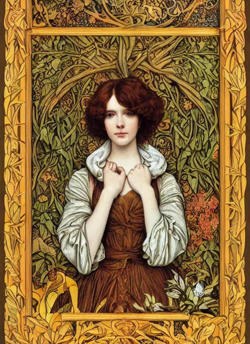 Prompt: masterpiece beautiful seductive flowing curves preraphaelite face portrait photography, extreme close up shot, straight bangs, thick set features, yellow ochre ornate medieval dress, laying amongst foliage mushroom forest circle arch, william morris and kilian eng and mucha, framed, 4 k