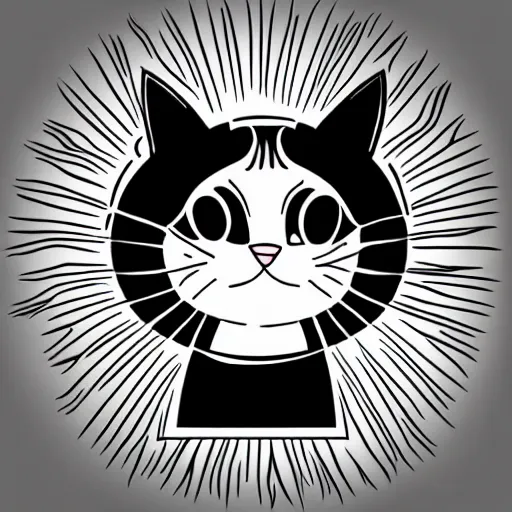 Prompt: tattoo sketch of a cat hugging the sun, on a canva, blackwork, ornamental, line art, vector,