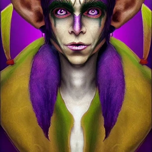 Prompt: a frightening, beautiful elf with violet skin, a scarred face, a bob haircut, and bushy eyebrows, smirking, in the style of jason edmiston