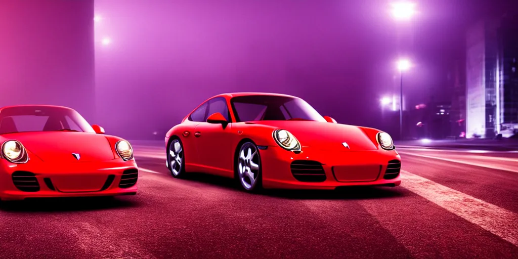 Prompt: Red Porsche sports car driving on a deserted city street at night time, fog, purple lighted street, wide angle, cinematic, hard focus, retro-wave vibes, grainy, soft motion blur, VHS Screencap