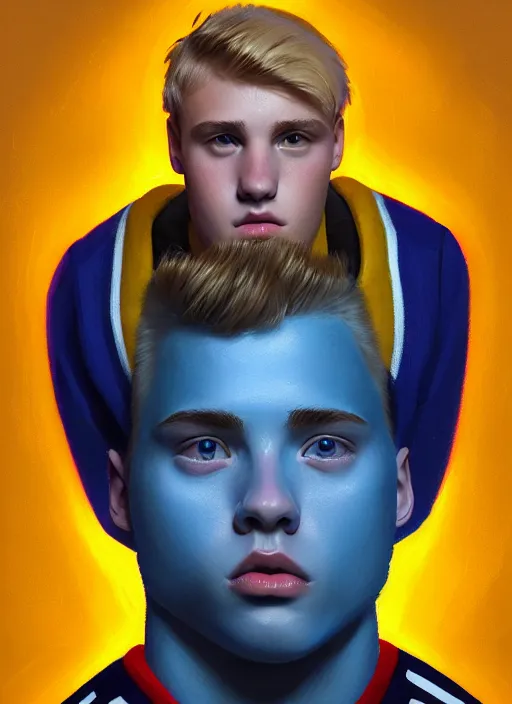 Image similar to portrait of high school senior boy named big moose, blonde short hair, jock, beefy, wide face, square jaw, square facial structure, blue varsity jacket with letter r, intricate, elegant, glowing lights, highly detailed, digital painting, artstation, concept art, sharp focus, illustration, art by wlop, mars ravelo and greg rutkowski