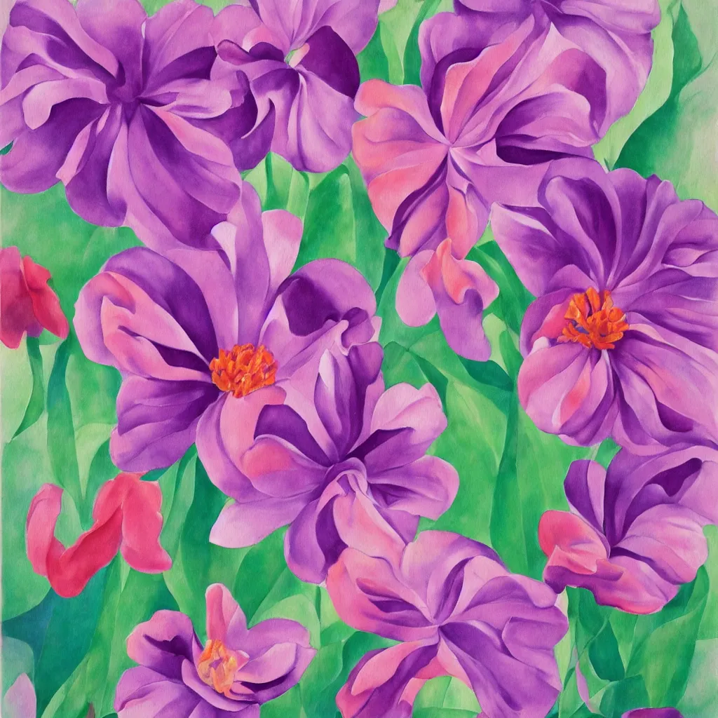 Image similar to a painting of a beautiful flower in the style of georgia o'keeffe, pink and purple colour scheme.