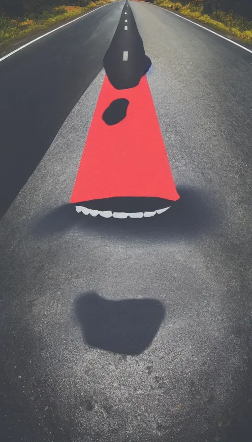 Prompt: photo of a giant mouth open on an asphalt road, realistic photo, gopro, looming, colorful, eerie