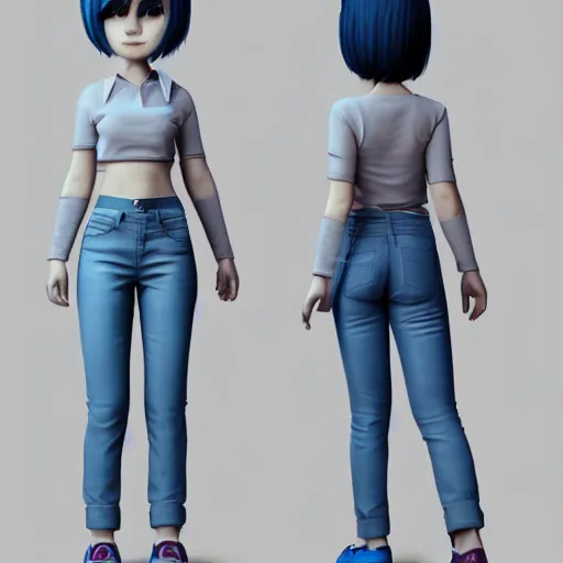 Image similar to Full body 3D rendered of a cute cartoon female character, she has short hair and wear boyish outfit, video game art, Unreal Engine, trending on artstation