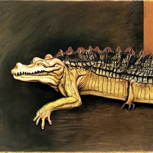 Prompt: crocodile, by francis bacon, by lucian Freud