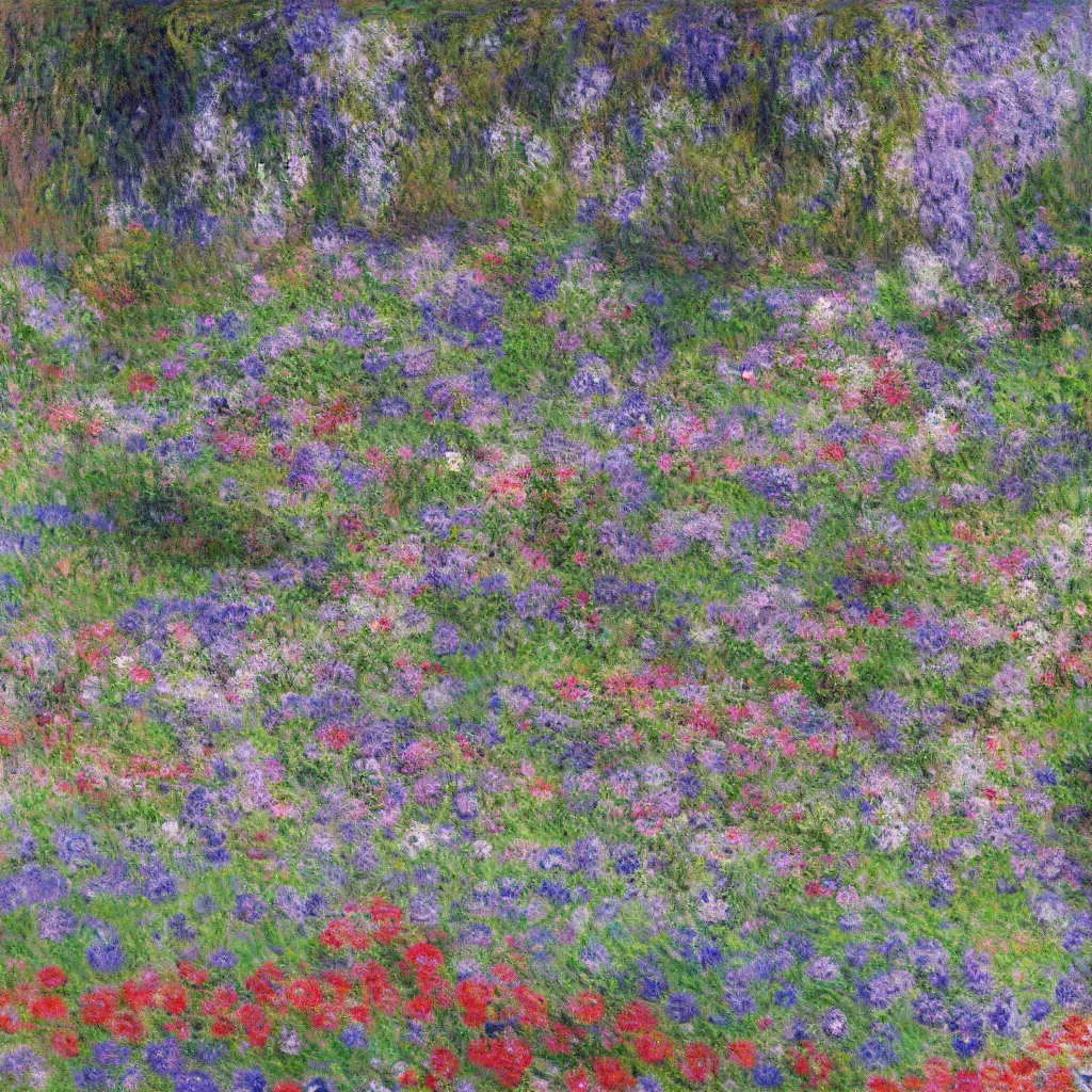 Image similar to a gorgeous garden on the edge of a cliff filled with beautiful flowers of blue and violet and pink from all around the world, monet