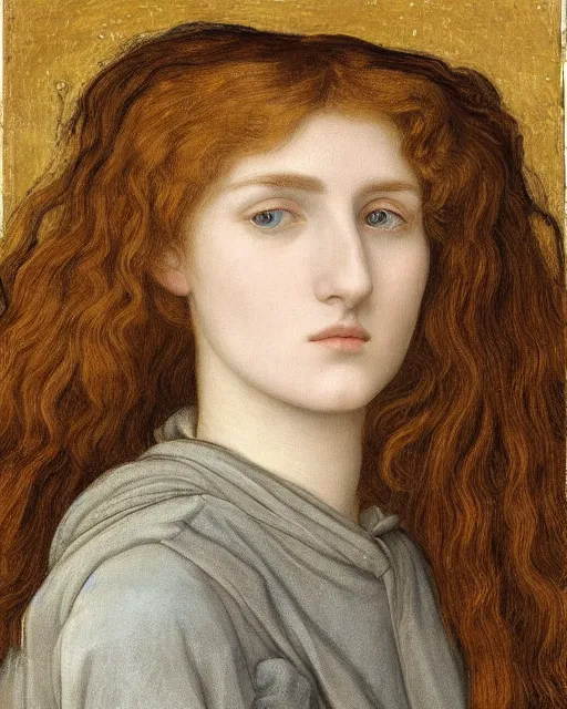 Prompt: Pre-Raphaelite portrait of a young beautiful woman with blond-hair and grey eyes wearing hoodie holding macbook