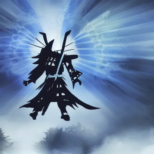 Image similar to a samurai with black demon wings flying towards a tree god rays are shining on him and the tree