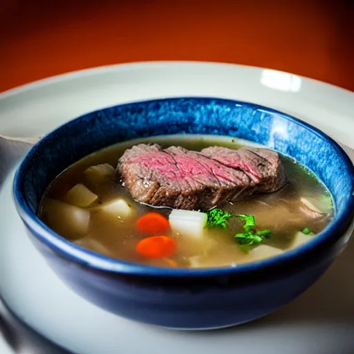 Prompt: a bowl of steak soup on a table corner view in the style of studio ghibli, fancy