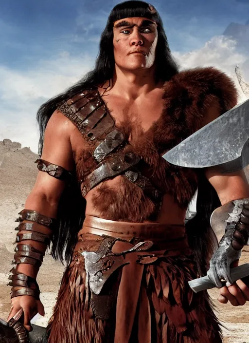 Prompt: teenage conan the barbarian leans on his sword. smirking arrogantly at a vulture. desert background. digital art. animated feature. 3 d animation. in the style of pixar, jeff pidgeon, glenn mcqueen, and tony fucile.