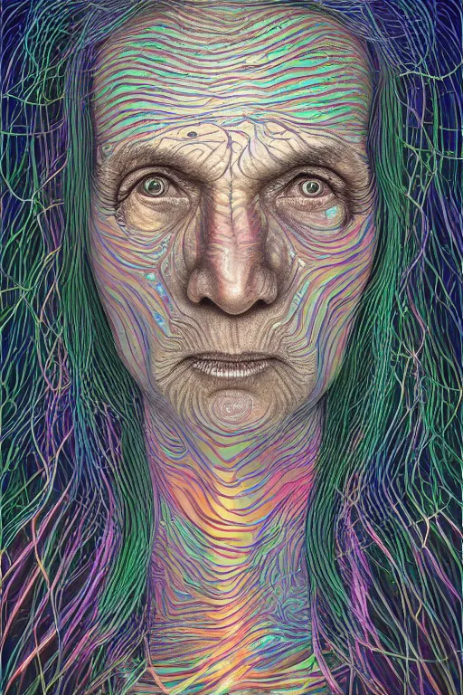 Image similar to dark underwater portrait of one bioluminescent old woman, with cracked reaction diffusion semi - transparent skin. multicolored fish scales, face closeup. long intricate dark hair. good face proportions. with many jellyfishes. very high detail, illustration, by alex grey and ilya kuvshinov