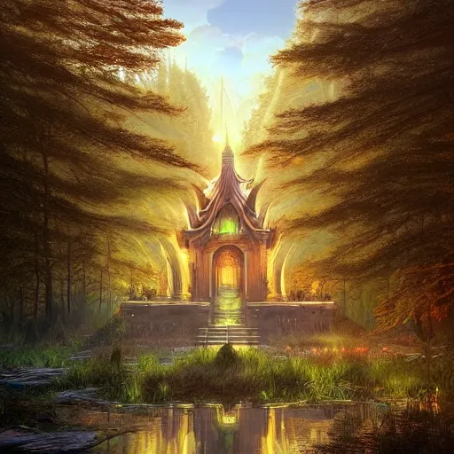 Image similar to A beautiful hyper realistic detailed matte painting of a phoenix temple nestled in forest next to a lake, artwork by John Howe and Albert Bierstadt and Alena Aenami and dan mumford and dave noton, unreal engine, trending on behance