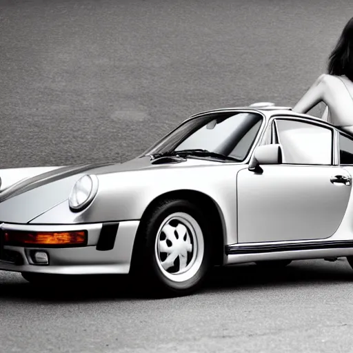 Image similar to Photo of a beautiful model sitting on the hood of a silver Porsche 911 Carrera 3.2, daylight, dramatic lighting, award winning, highly detailed, 1980s Versace ad, Fashion photography