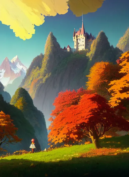 Image similar to a wholesome animation key shot, castle in the middle, swiss alps in the background, autumn foliage in the foreground, studio ghibli, pixar and disney animation, sharp, rendered in unreal engine 5, anime key art by greg rutkowski, bloom, dramatic lighting