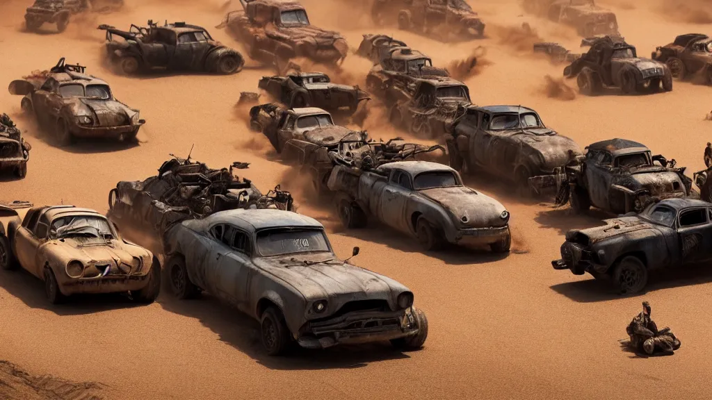 Prompt: pixar cars in mad max fury road, war boys, furiosa, imax