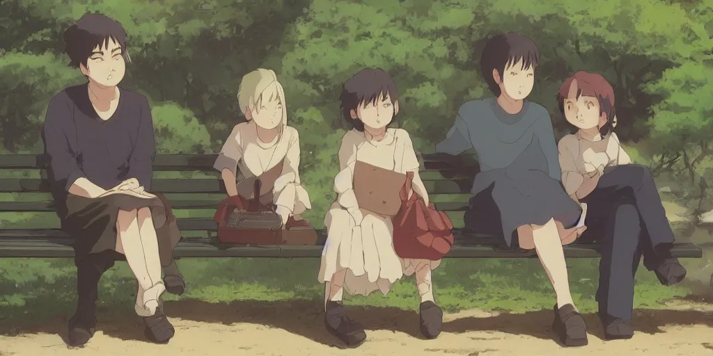 Prompt: a family with sorrow faces sitting on a bench, close up shot, anime art, Greg Rutkowski, studio ghibli, dramatic lighting