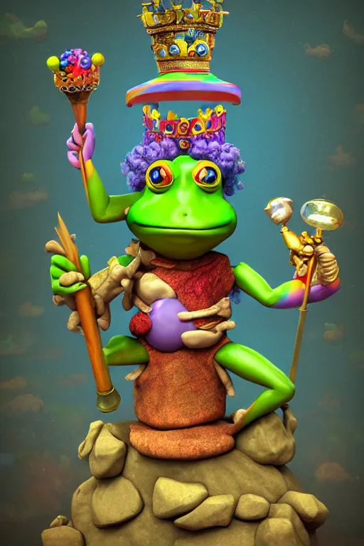 Prompt: clown frog king pulls the sword from the stone, clown frog king wearing clown makeup and rainbow wig, clown crown artwork by Todd Schorr, 3D rendering by Beeple