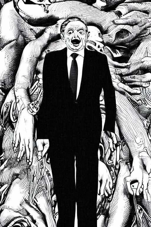 Prompt: George Soros full body portrait, body horror, black and white Illustration by Junji Ito