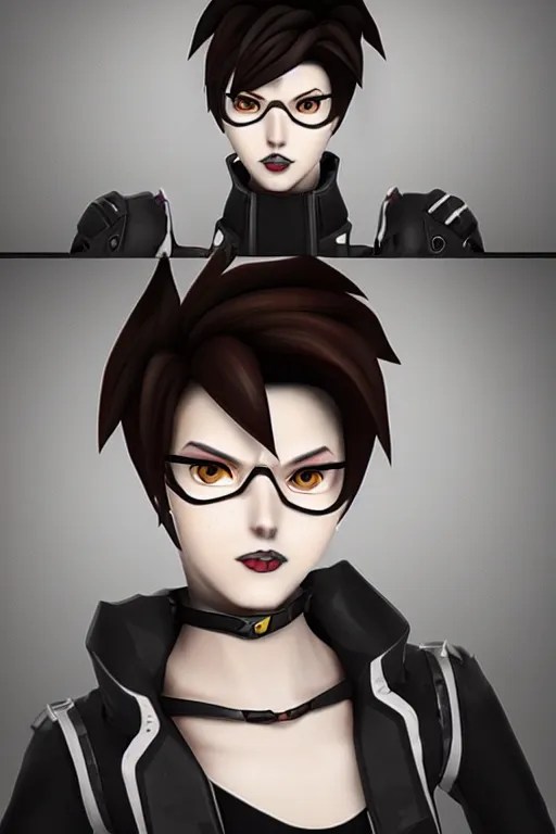 Image similar to “ digital drawing of tracer from overwatch in 3 d style, wearing black lipstick and black eyeliner, goth outfit, black hair, 4 k, detailed face, smirky expression ”