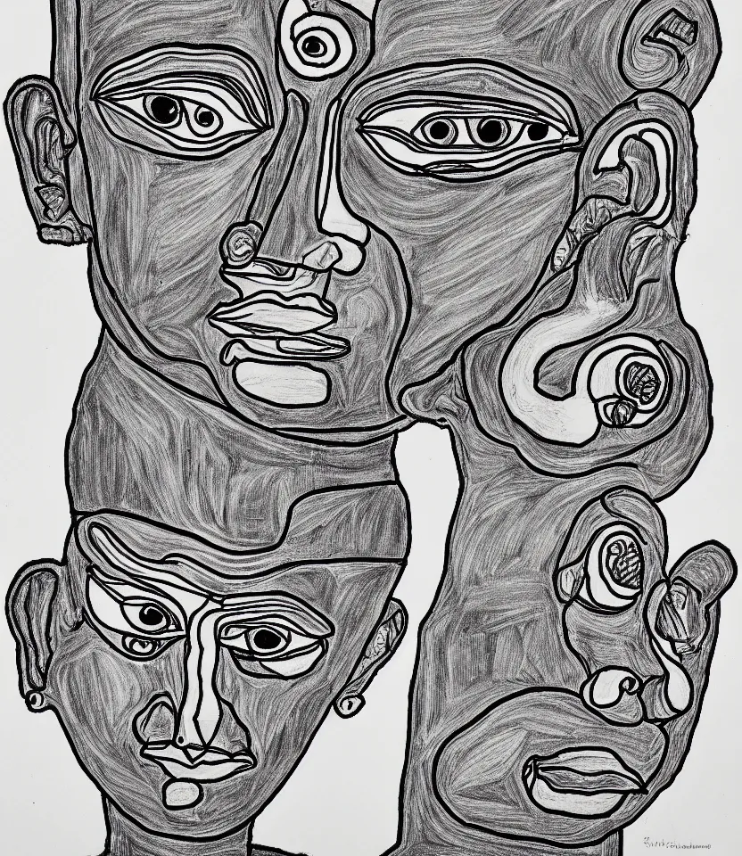 Prompt: detailed line art portrait of ramanuja, inspired by egon schiele. caricatural, minimalist, bold contour lines, musicality, soft twirls curls and curves, confident personality, raw emotion