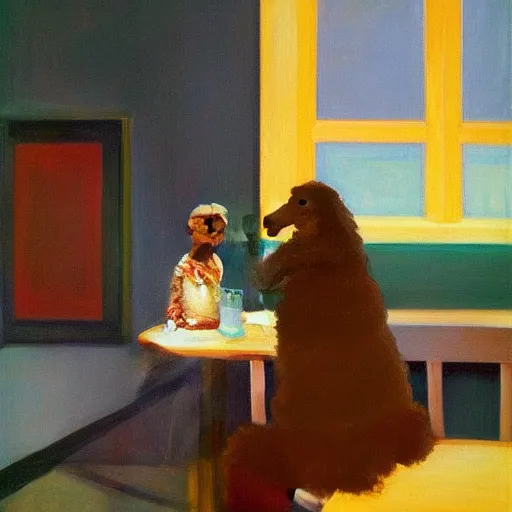 Image similar to Black Goldendoodle with a bright face and a puppy sitting at a diner drinking a cup of coffee, looking melancholy, edward hopper