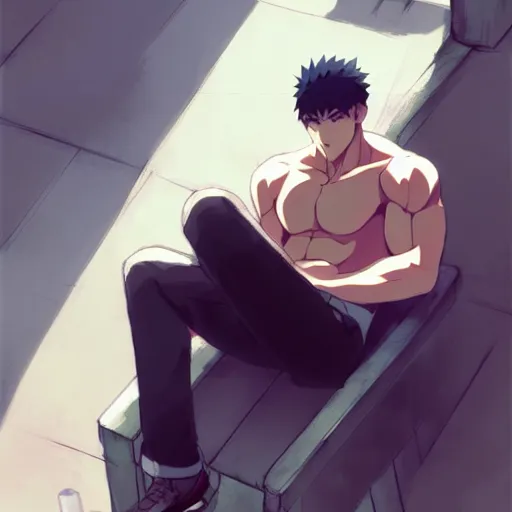 Image similar to a handsome muscular man wearing fashionable street attire, sitting down casually, square masculine facial features, short messy hair, intimidating appearance, trending on pixiv fanbox, by greg rutkowski makoto shinkai takashi takeuchi studio ghibli, akihiko yoshida