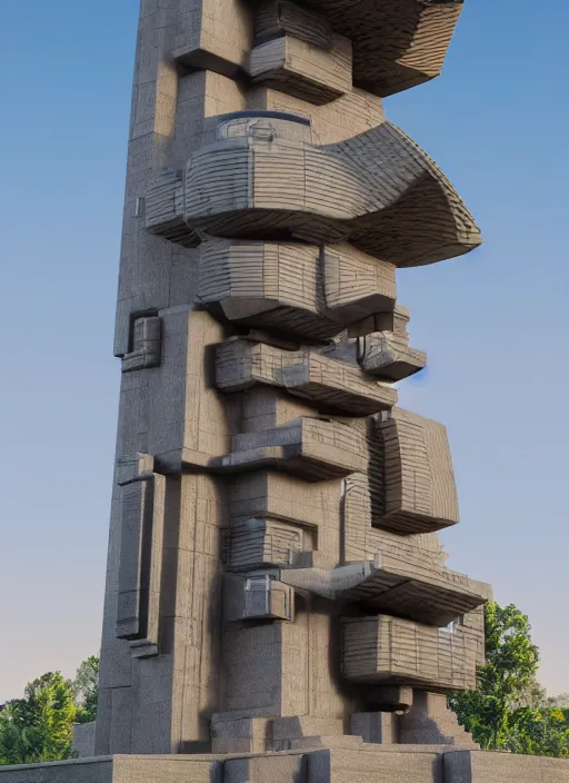 Image similar to highly detailed realistic architecture 3 d render of a futuristic stele monument in frank lloyd wright style standing in city park, archdaily, made in unreal engine 4 octane render