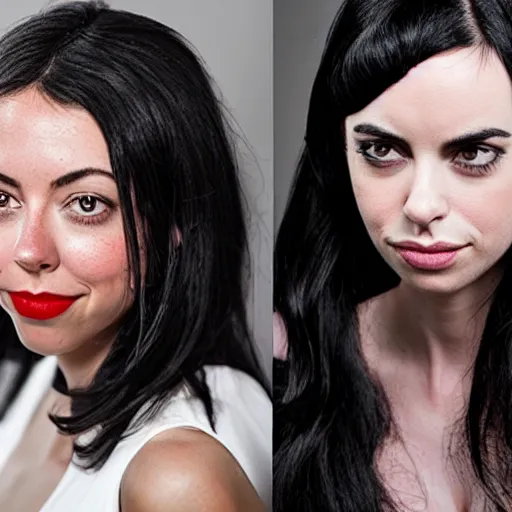 Image similar to a girl with long black hair, her face is a mix between aubrey plaza, krysten ritter and sarah hyland