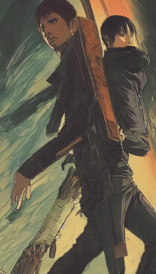 Prompt: Anime boy Green Shirt Brown Belt Brown Hair Blue Eyes Katana. Blade Runner 2049. concept art by James Gurney and Mœbius.