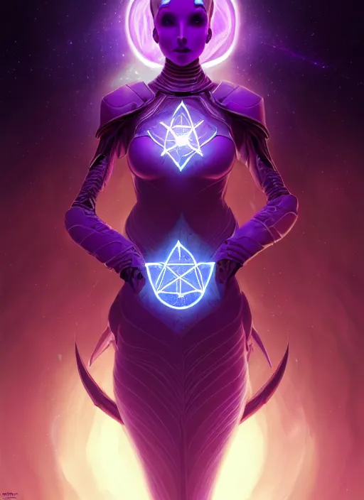 Image similar to portrait of an eldar, aeldari, lady voidstar, glowing diagram of a pentagram and a star, intricate, elegant, purple, glowing lights, highly detailed, digital painting, artstation, concept art, smooth, sharp focus, illustration, art by wlop, mars ravelo and greg rutkowski