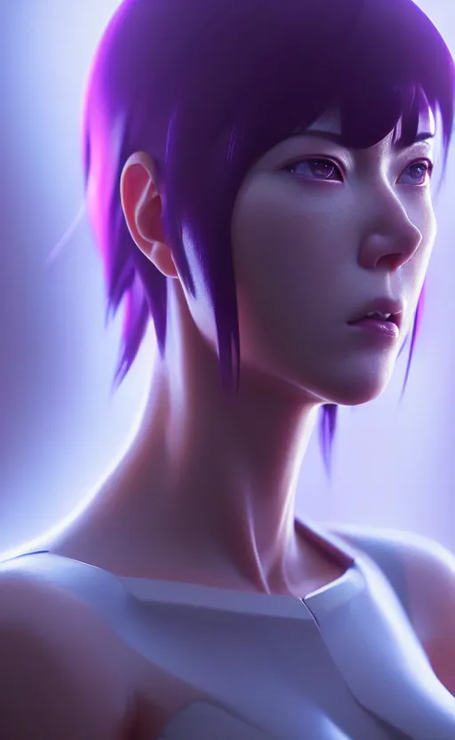 Image similar to a film still portrait of a motoko kusanagi ghost in the shell, finely detailed features : : gits sac twenty forty five netflix : : by ilya kuvshinov, rossdraws, artgerm, sola digital arts, octane render, production ig, volumetric lighting, anti aliasing, raytracing : :