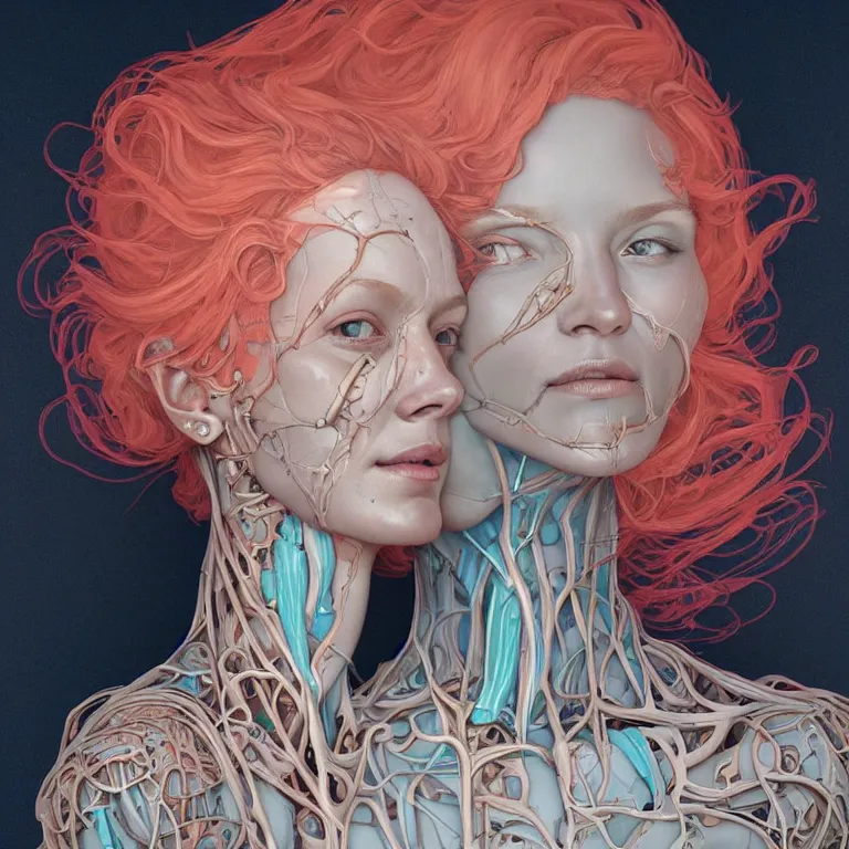 Image similar to portrait of beautiful!! woman with coral!! reef hair. torso, lungs, plates, biomechanical android. soft light painted by james jean and moebius!!! and erik jones, inspired by mary jane ansell, smooth face feature, intricate oil painting, high detail 3 d render, sharp high detail