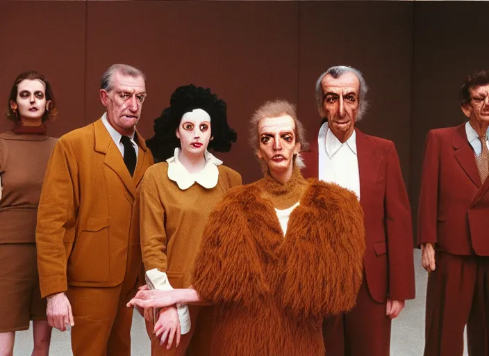 Prompt: realistic photo portrait of the team, brown mustard cotton fluffy carnival costumes, pigeon head face portrait, wooden polished and fancy expensive wooden science laboratory hall interior with plants 1 9 9 0, life magazine reportage photo, david lynch, michelangelo antonioni, red desert, twin peaks