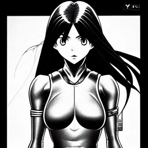 Image similar to alita by yukito kishiro. medium shot. black and white manga. pencil drawing.